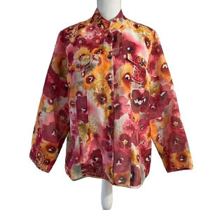 ioS Shacket Button Up Blouse Large Floral Glitter Preppy Semi Sheer Pockets Pink